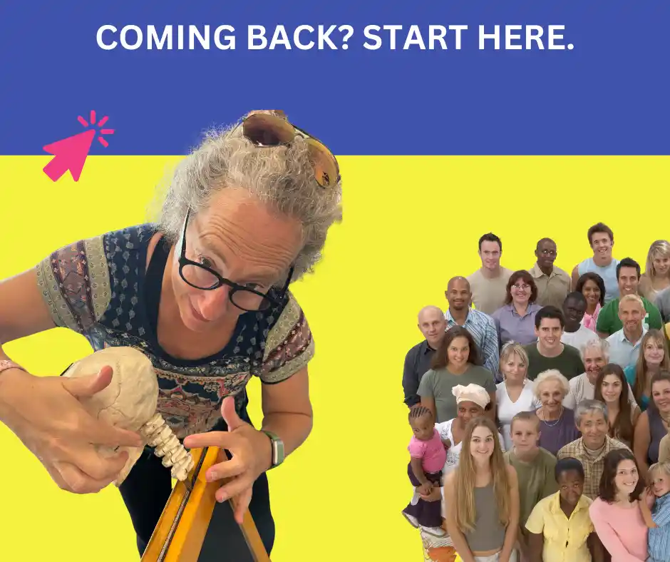 A person is holding a spine model with the text "COMING BACK? START HERE" and a clickable cursor symbol. A group of diverse people is shown in the background with a bright yellow and blue design.