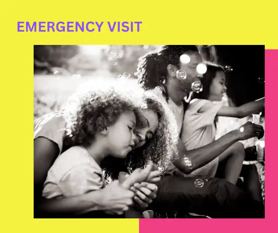 A family of four is enjoying time together, surrounded by bubbles, in a peaceful outdoor setting. The image is in black and white with a bright yellow and pink border, and the text "EMERGENCY VISIT" is displayed at the top.